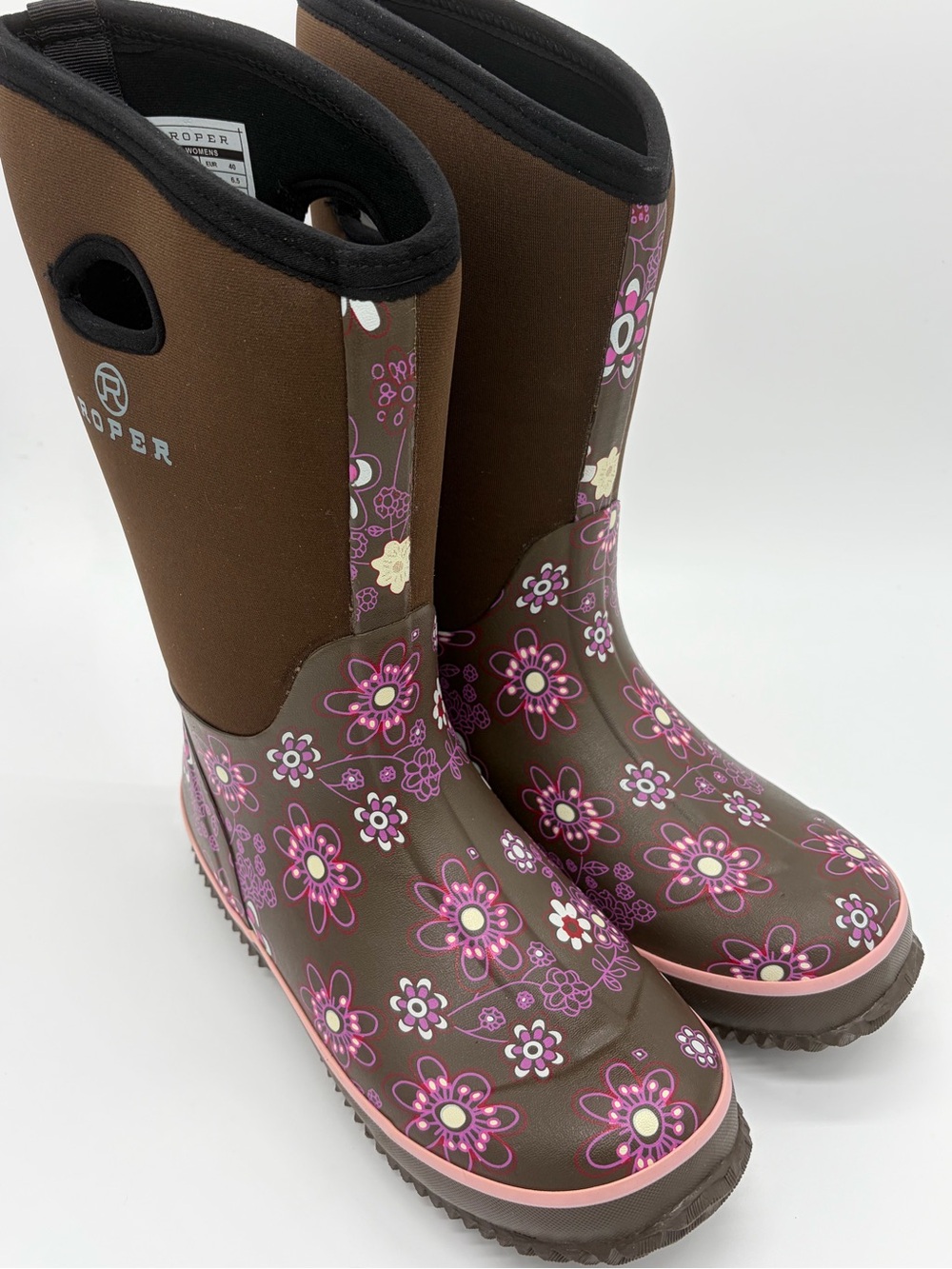 Roper Brown Floral Rain Boots with Pink Accents